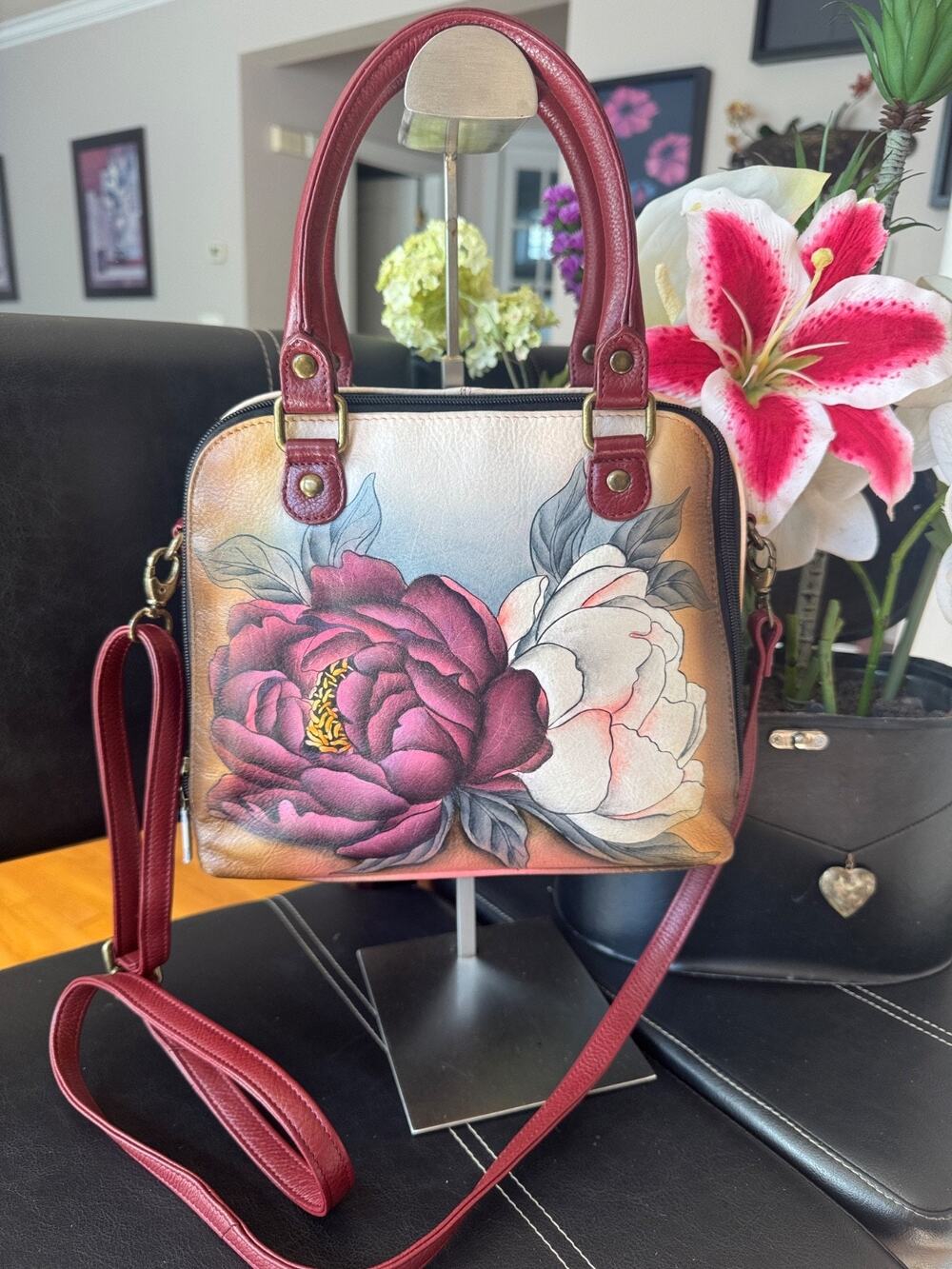 Anuschka Hand-painted Leather Crossbody Satchel-floral Grace (800
